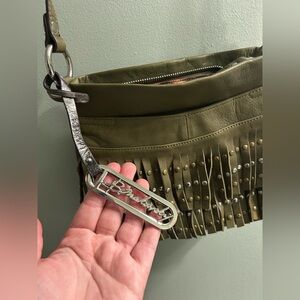 B. MAKOWSKY Olive Green Silver & Gold Studded Fringe Crossbody Bag leather